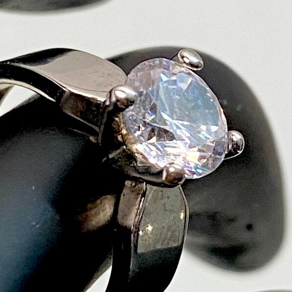 Classic Engagement Ring Faux Diamond Prong Setting Silver Tone - Picture 2 of 9